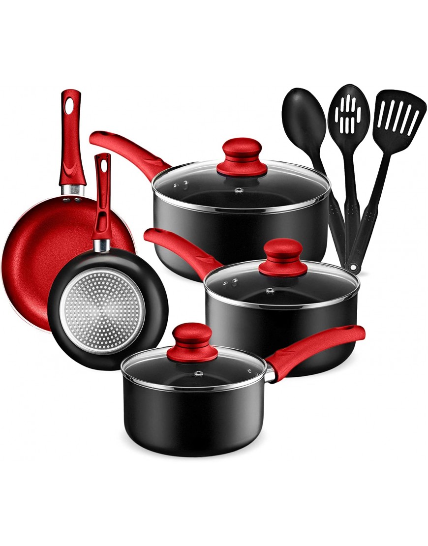 AHEIM Pots and Pans Set Aluminum Nonstick Cookware Set Fry Pans Casserole with Lid Sauce Pan and Utensils 11 Piece Cooking Set Red