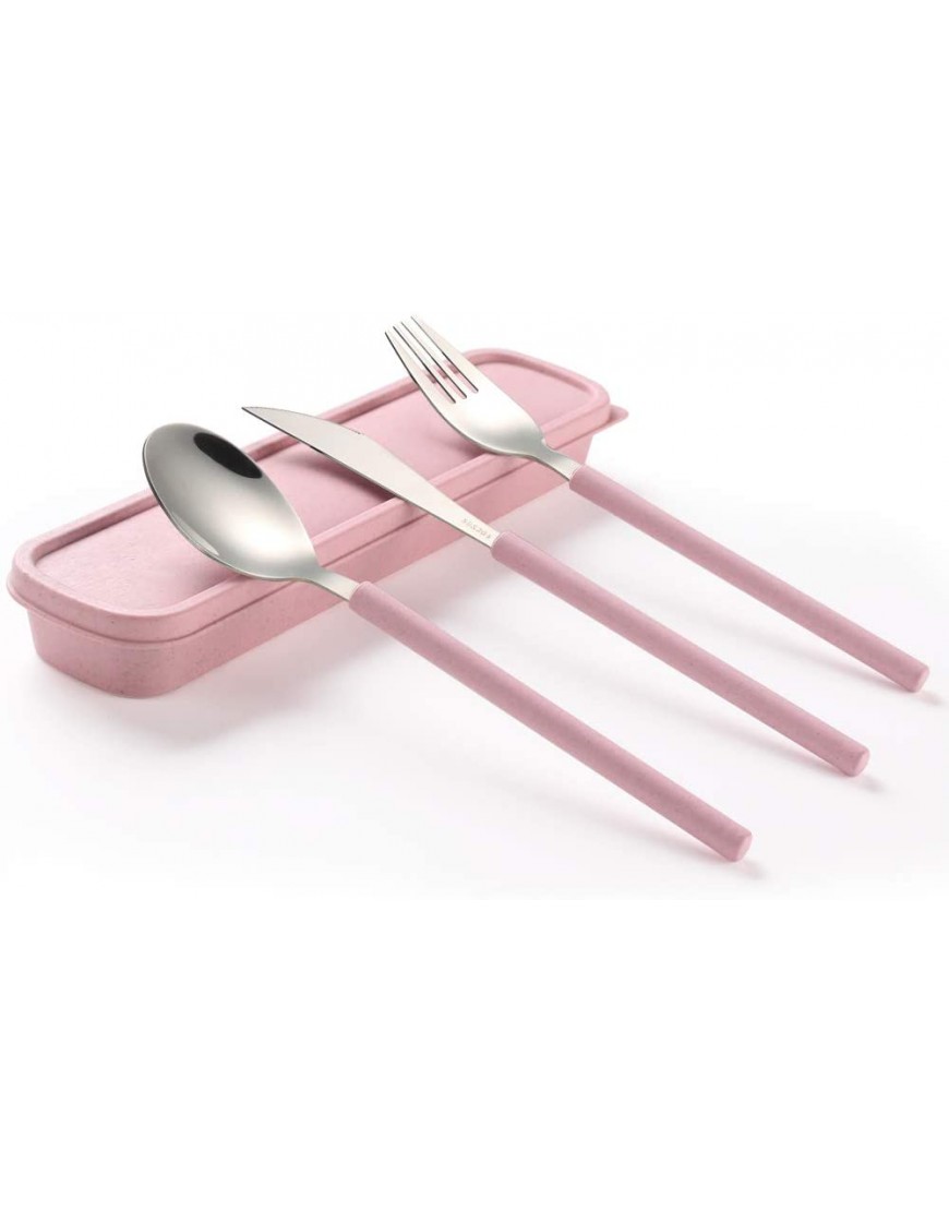 ArderLive Portable Outdoor Flatware Set with Case 3 PCS，Stainless Steel Fork Spoon Knife Reusable Flatware Set for Travel Lunch Box and Camping Pink
