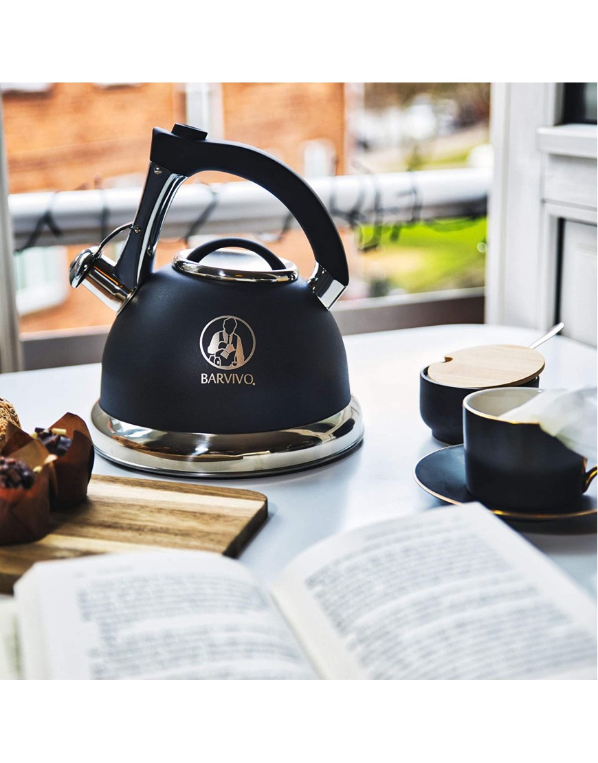 BARVIVO Premium Whistling Tea Kettle Perfect for Preparing Hot Water Fast for Coffee or a Pot of Tea Large 3 Quart Stainless Steel Water Boiler Suitable for any Stovetop Type and all Heat Sources