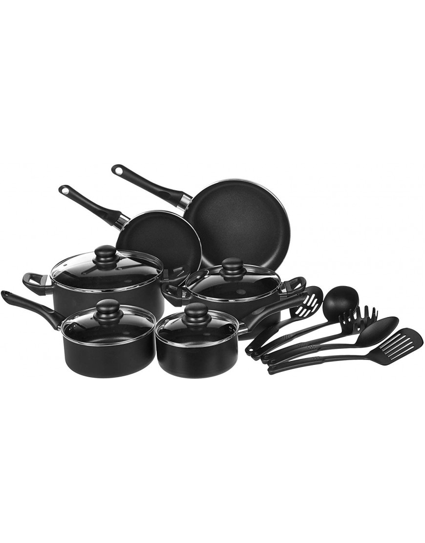 Basics Non-Stick Cookware Set Pots Pans and Utensils 15-Piece Set & 16-Piece Kitchen Dinnerware Set Plates Bowls Mugs Service for 4 White