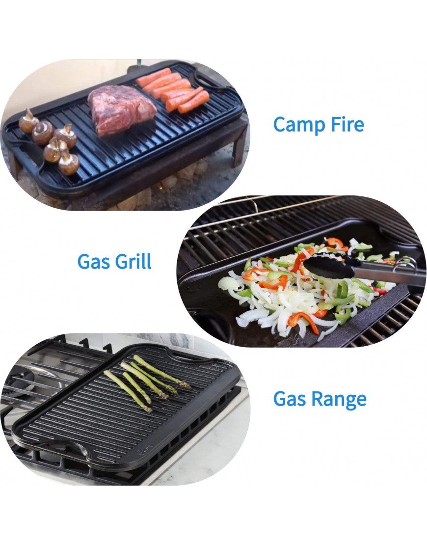 BBQ Grill Non-Stick Cast Iron Camp Griddle 20-inch Plancha Reversible Cast-Iron Grill Griddle Pan for Gas Range Grill Stovetop Camp Fire