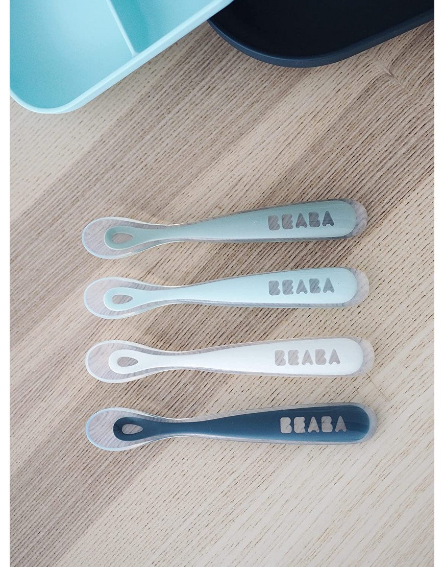 BEABA Baby's First Foods Spoon Set Original Soft Silicone Spoons Baby Spoons Training Spoon 4 Pack Gift Set BPA Lead & Phthalate Free Rain