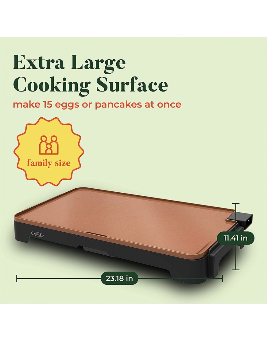 BELLA XL Electric Ceramic Titanium Griddle Make 10 Eggs At Once Healthy-Eco Non-stick Coating Hassle-Free Clean Up Large Submersible Cooking Surface 12 x 22 Copper Black