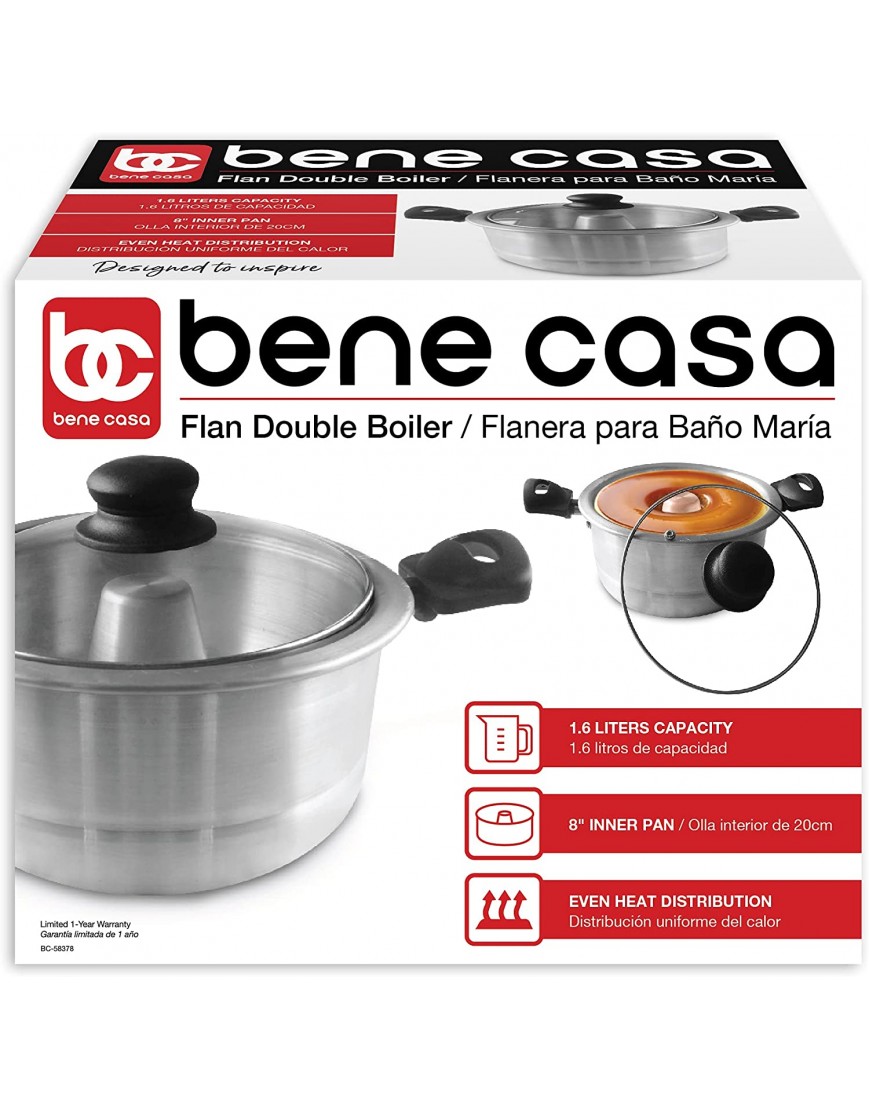 Bene Casa Aluminum Flan Mold Double Boiler with Glass Lid 1.6 Liter Includes Aluminum Inner Pan 8 Dishwasher Safe