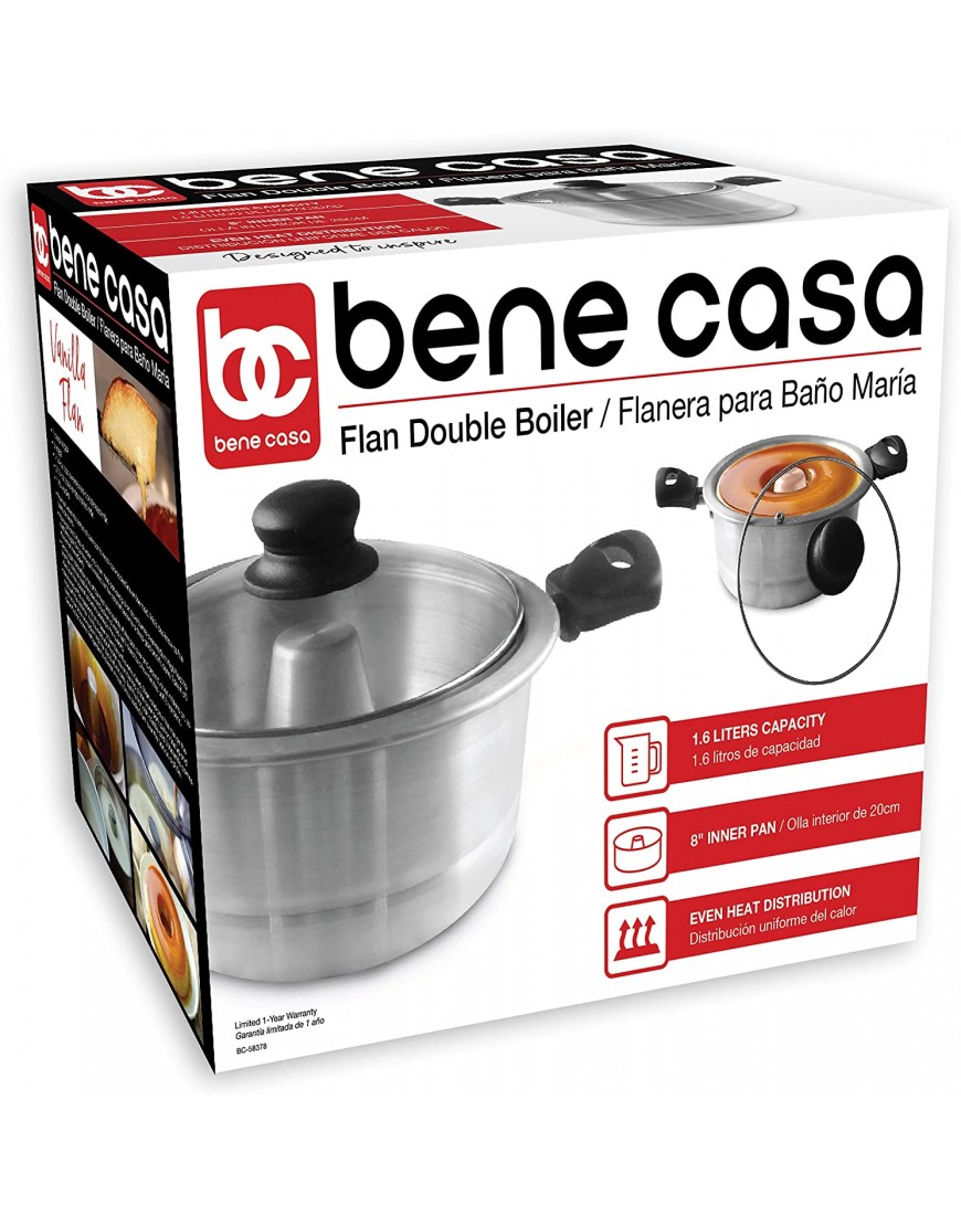 Bene Casa Aluminum Flan Mold Double Boiler with Glass Lid 1.6 Liter Includes Aluminum Inner Pan 8 Dishwasher Safe