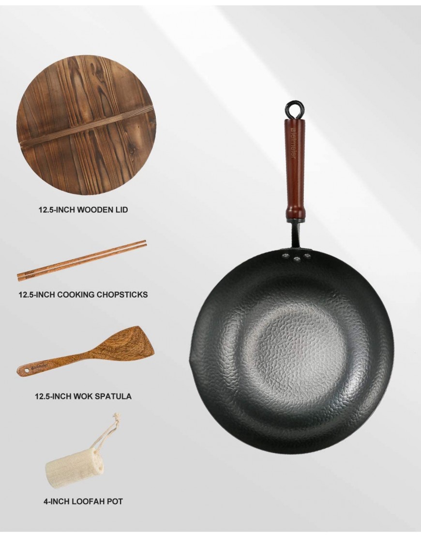 Bielmeier Wok Pan 12.5 Woks and Stir Fry Pans with lid Carbon Steel Wok with Cookware Accessories Wok with Lid Suits for all StovesFlat Bottom Wok…