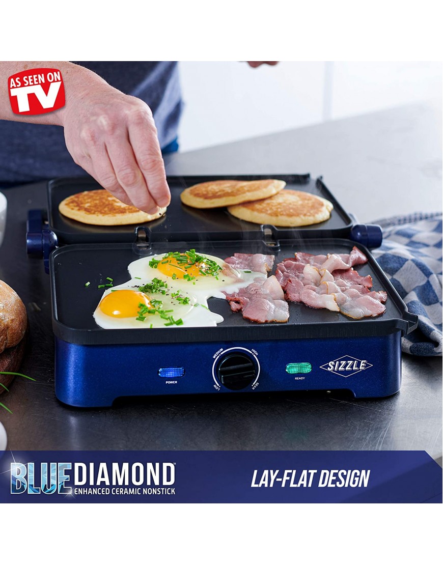 Blue Diamond Ceramic Nonstick Electric Contact Sizzle Griddle with Grill and Waffle Plates Open Flat Design Dishwasher Safe Removable Plates Adjustable Temperature Control PFAS-Free Blue