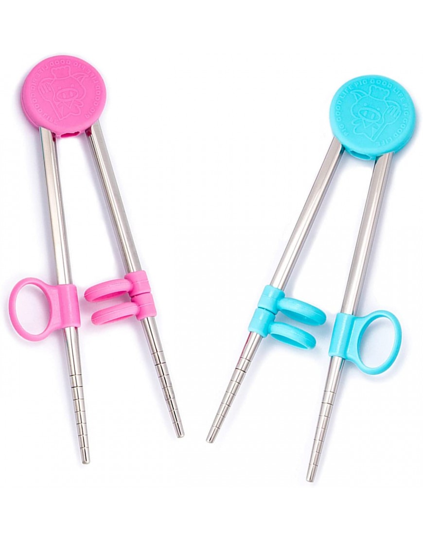 BMLMCJ-T training chopsticks for child. Lightweight Stainless steel reusable chopsticks. Kid Learning Chopstick Helper，2 pairs of chopsticks with case pink + blue