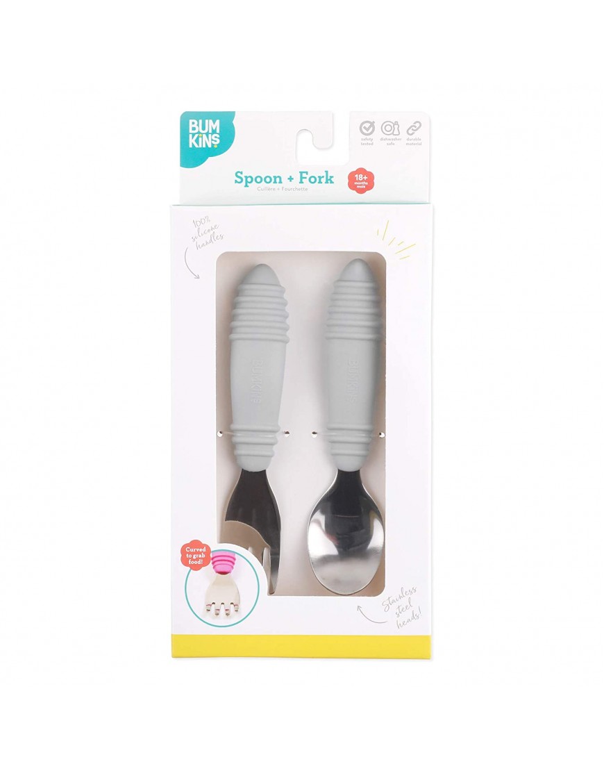 Bumkins Utensils Silicone and Stainless Steel Baby Fork and Spoon Set Toddler Silverware Self Feeding – Gray