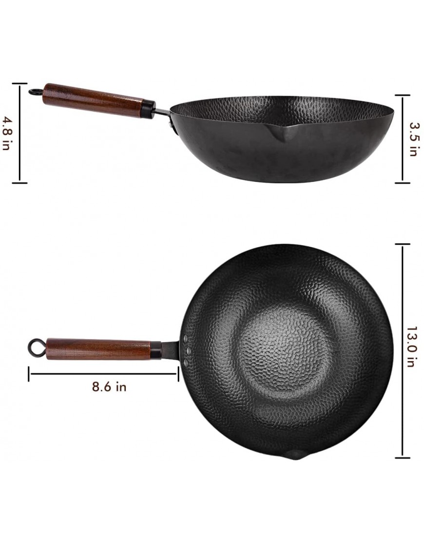Carbon Steel Wok with Wooden Handle and Lid,using for Electric Induction Gas Stoves,6 Cookware Accessories,12.5 inch,Black