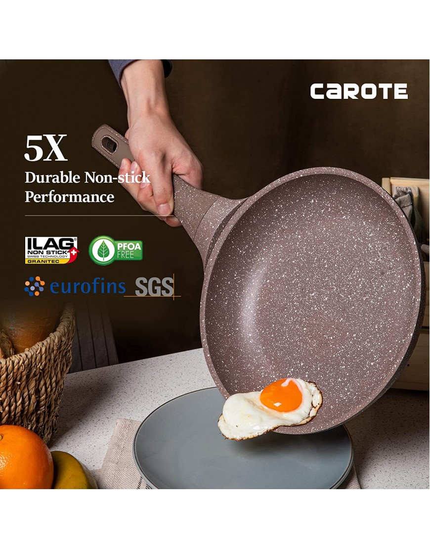 Carote Granite Nonstick Cookware Set 10 Piece Pots and Pans Set Nonstick Healthy Non Stick Stone Cookware Kitchen Cooking Set with Frying Pans PFOA FREE Brown Granite Induction Cookware