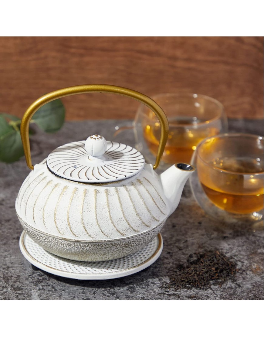 Cast Iron Tea Kettle White Teapot with Infuser and Trivet 23 Ounces