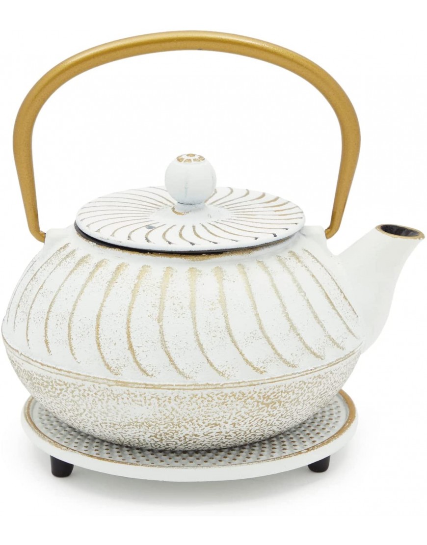 Cast Iron Tea Kettle White Teapot with Infuser and Trivet 23 Ounces