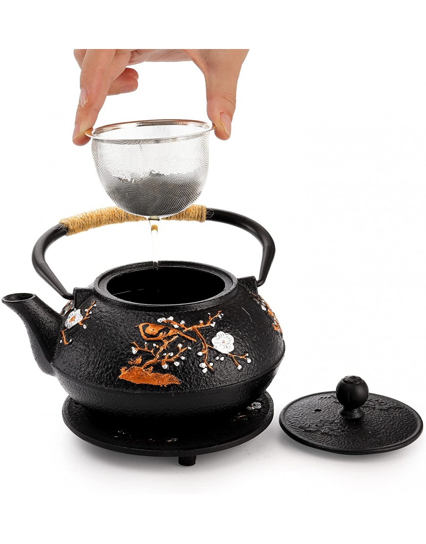 Cedilis Cast Iron Teapot with 4 Tea Cups a Removable Infuser and a Trivet Japanese Style Tetubin Tea Kettle for Stovetop Safe Coated with Enameled InteriorBlack 27oz Magpie on the Plum Design