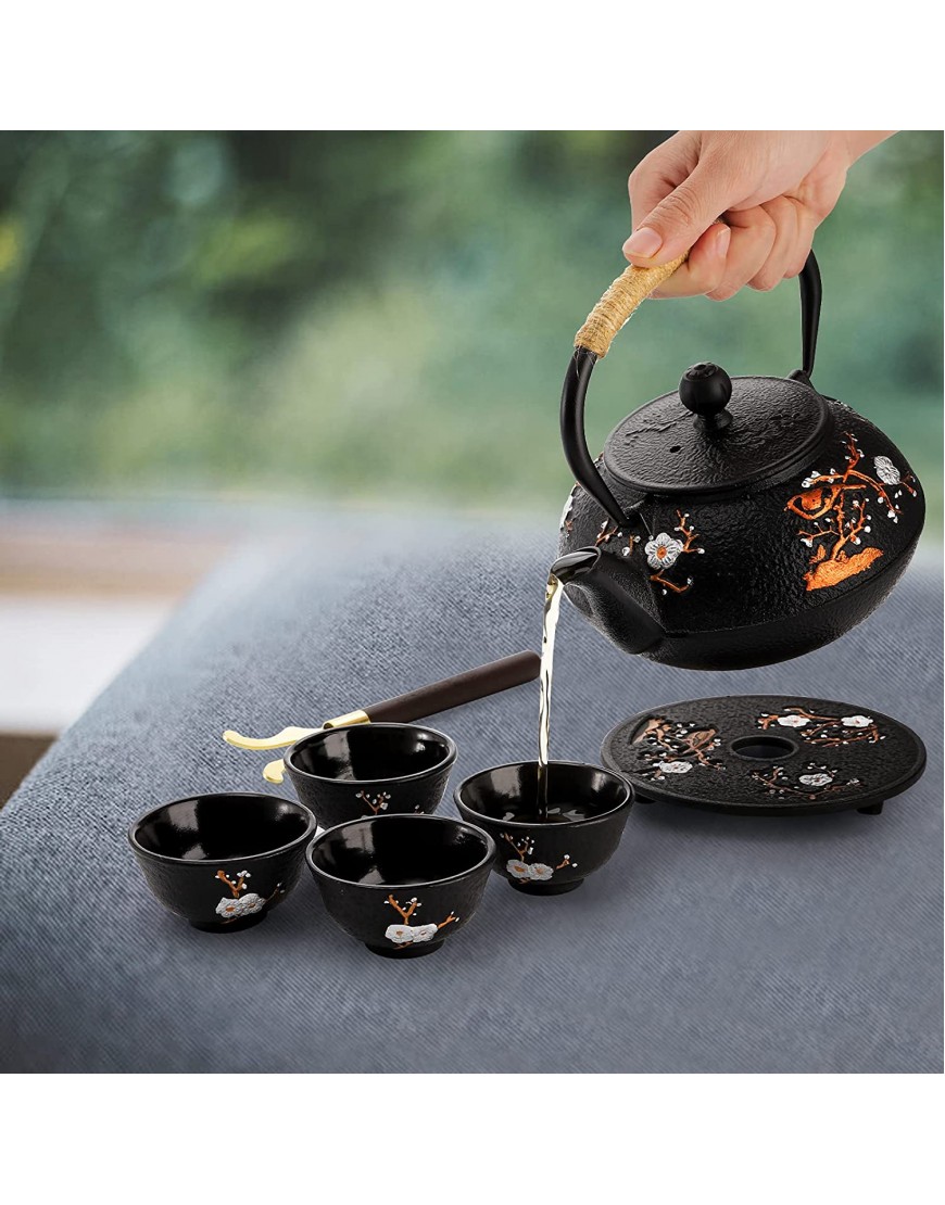 Cedilis Cast Iron Teapot with 4 Tea Cups a Removable Infuser and a Trivet Japanese Style Tetubin Tea Kettle for Stovetop Safe Coated with Enameled InteriorBlack 27oz Magpie on the Plum Design