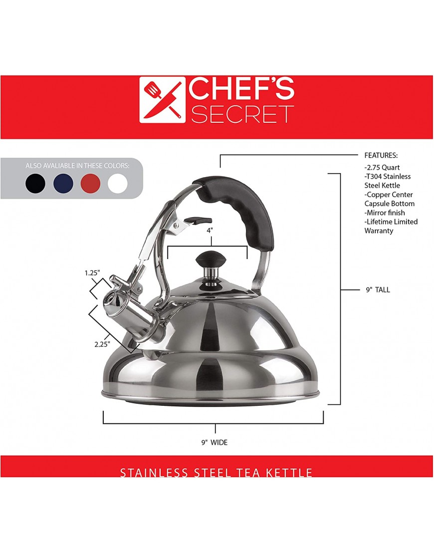 Chef's Secret 2.75-Quart T-304 Stainless-Steel Tea Kettle a Powerfully Conductive Boiling Vessel with a Copper Center Capsule Bottom