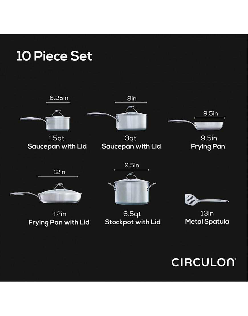 Circulon Stainless Steel Cookware Pots and Pans Set with SteelShield Hybrid Stainless and Nonstick Technology 10 Piece Silver