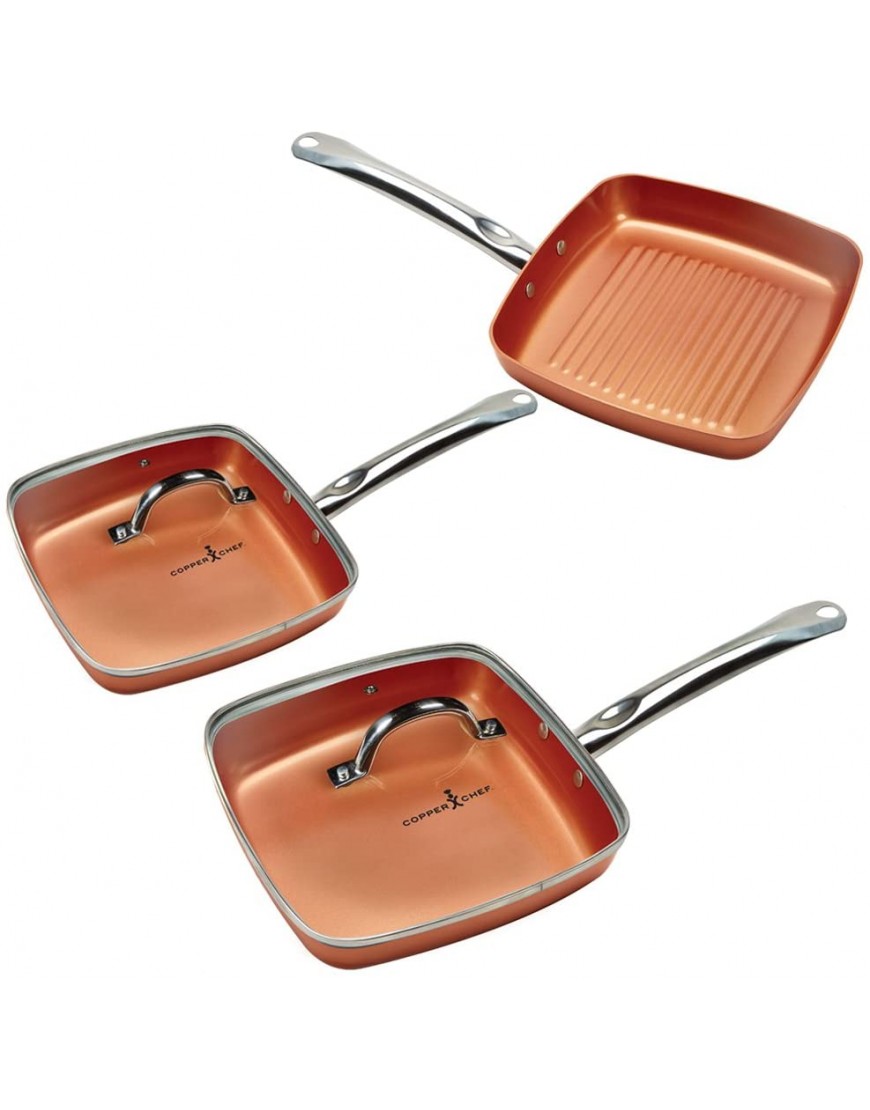 Copper Chef Non-Stick Square Fry Pan 5-Piece Set 8 Inch Griddle Pan 9.5 Inch Grill Pan 11 Inch Griddle Pan 9.5 Inch Lid 11 Inch Lid