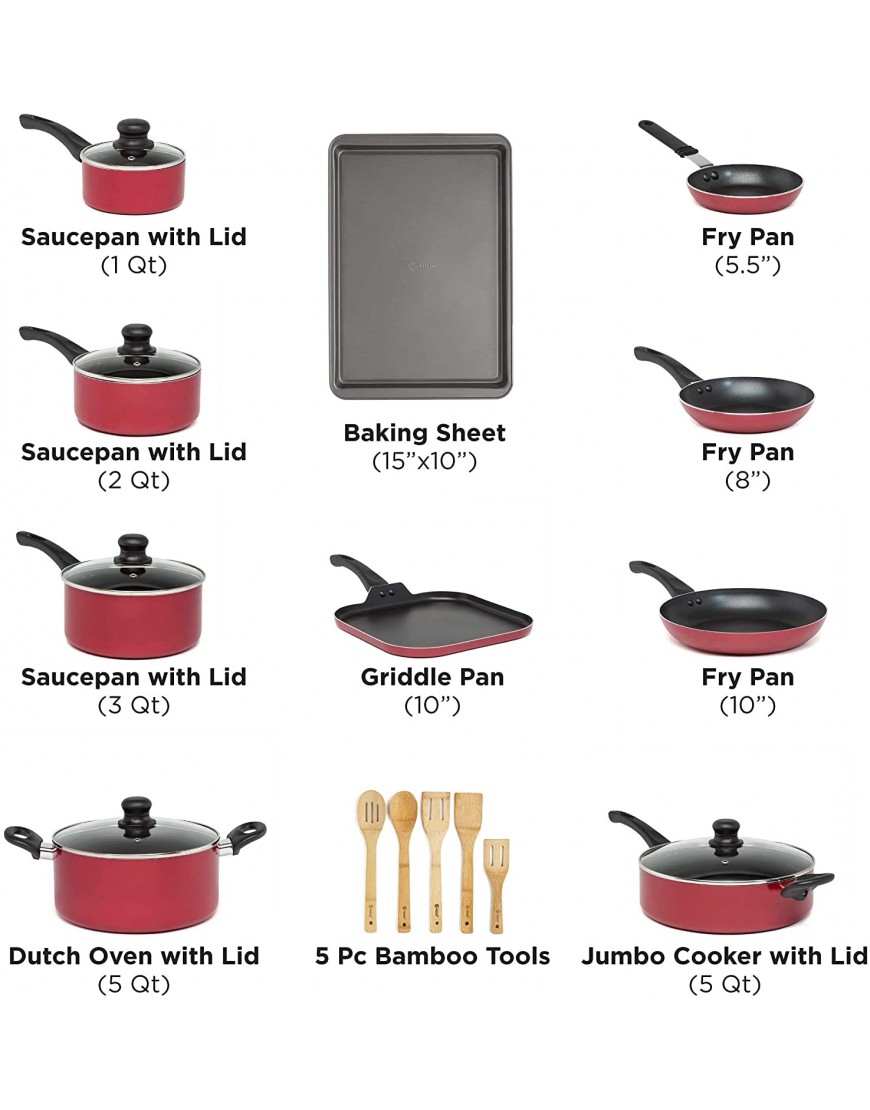 Ecolution Easy Clean Non-Stick Cookware Dishwasher Safe Pots and Pans Set 20 Piece Red