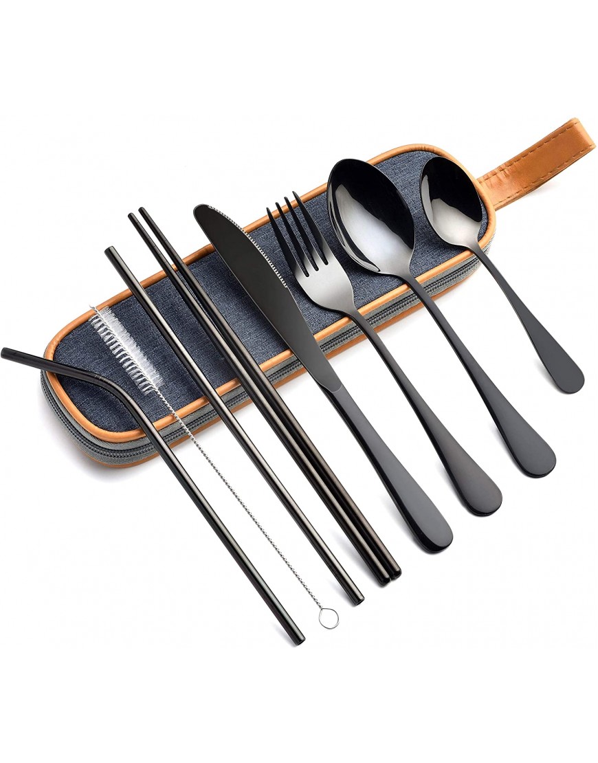 EvaCrocK Travel Utensils | 9-Piece Reusable Utensils set with case Stainless Steel Portable Silverware Travel Cutlery set Camping Flatware Utensil sets for Lunch [9 Piece Black]