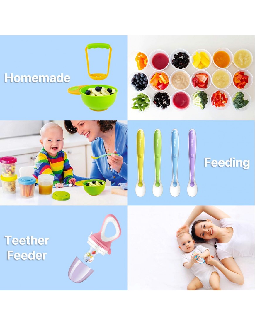 Food Feeder Baby Fresh Fruit Feeder 2 Pack with 3 Different Sized Silicone Pacifiers Mash and Serve Bowl with 4 Soft-Tip Silicone Baby Spoons Perfect Baby First Stage Feeding Set by MICHEF