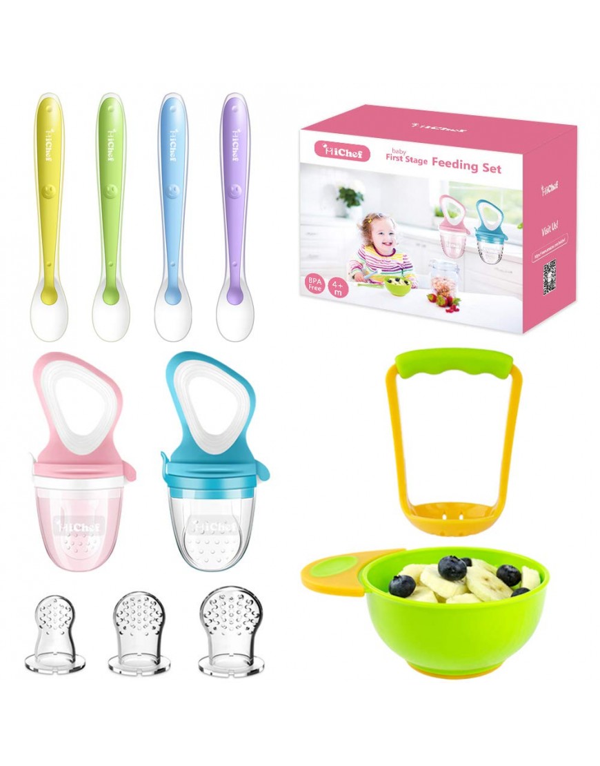 Food Feeder Baby Fresh Fruit Feeder 2 Pack with 3 Different Sized Silicone Pacifiers Mash and Serve Bowl with 4 Soft-Tip Silicone Baby Spoons Perfect Baby First Stage Feeding Set by MICHEF