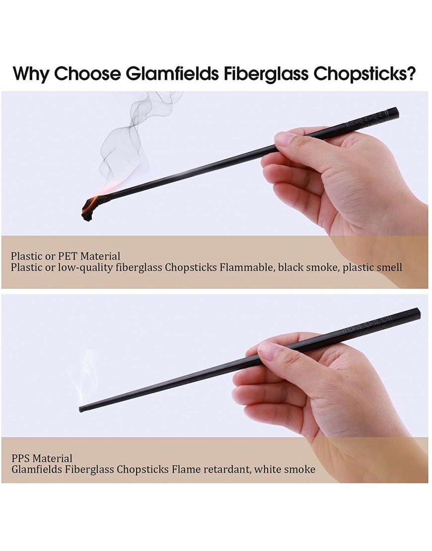 GLAMFIELDS 10 Pairs Fiberglass Chopsticks Reusable Japanese Chinese Chop Sticks Dishwasher Safe Non-Slip 9 1 2 inches