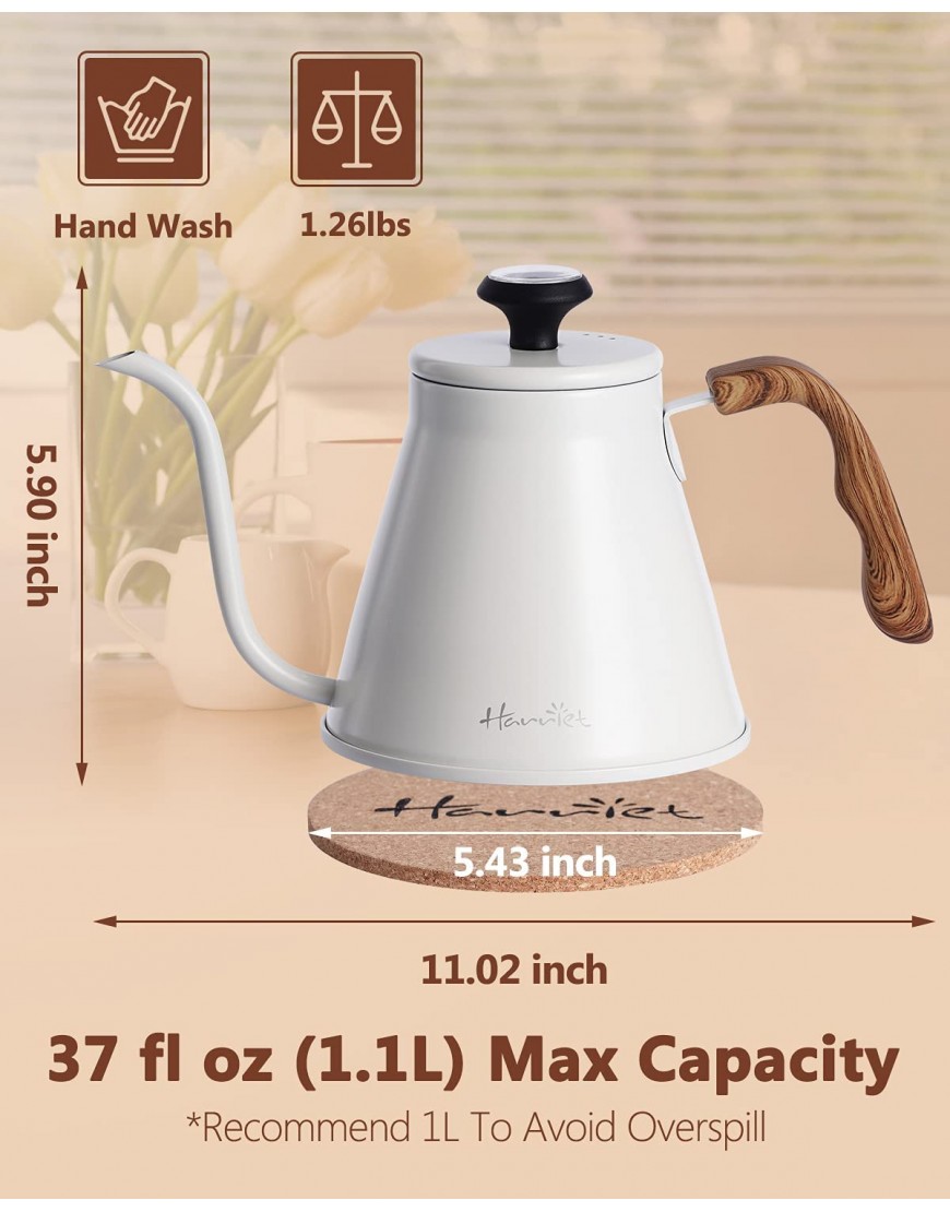 Gooseneck Kettle Harriet 37oz 1.1L Pour Over Kettle with Thermometer Coffee Kettle for Stove Top with Anti-Hot Handle Flow Spout Design For Drip Coffee