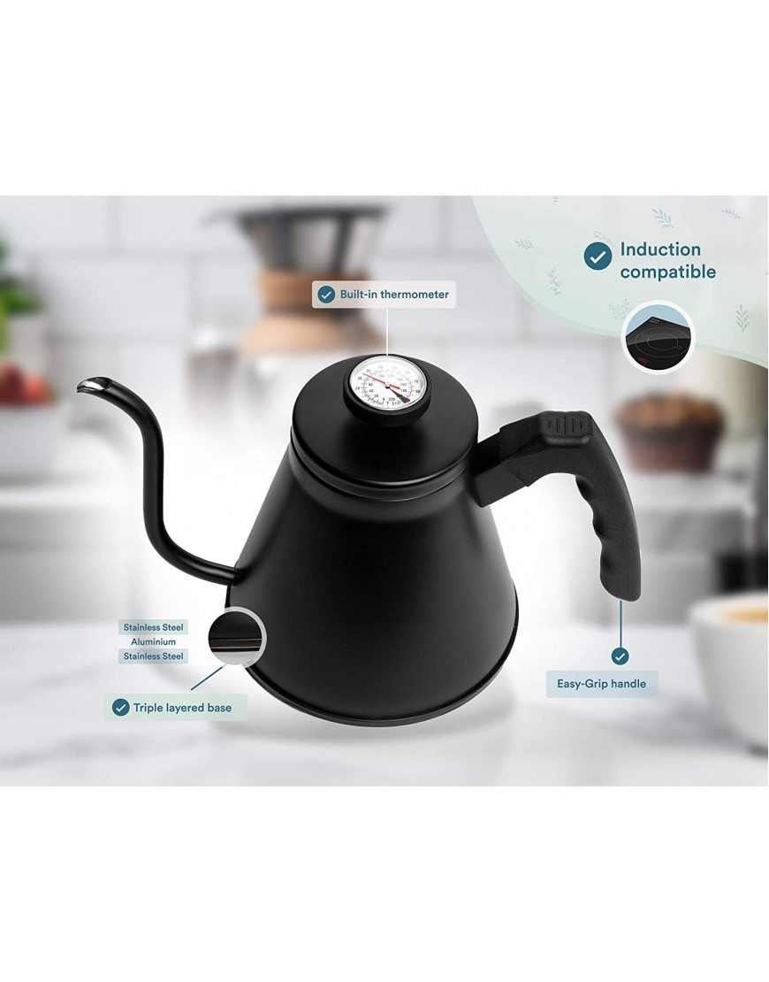Gooseneck Stovetop Kettle by Kook with Thermometer Pour Over Triple Layered Base Black 27oz