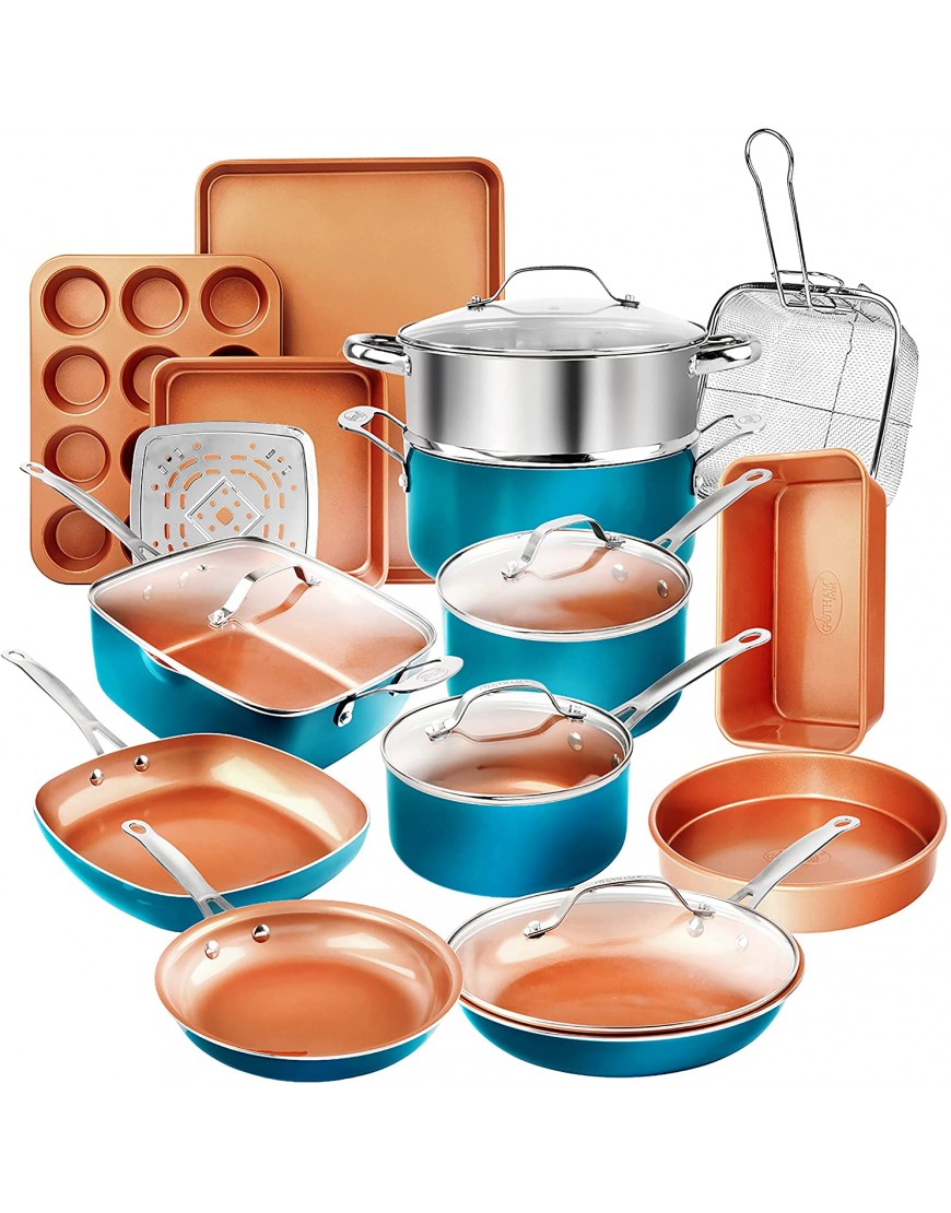 Gotham Steel Cookware + Bakeware Set with Nonstick Durable Ceramic Copper Coating – Includes Skillets Stock Pots Deep Square Fry Basket Cookie Sheet and Baking Pans 20 Piece Turquoise