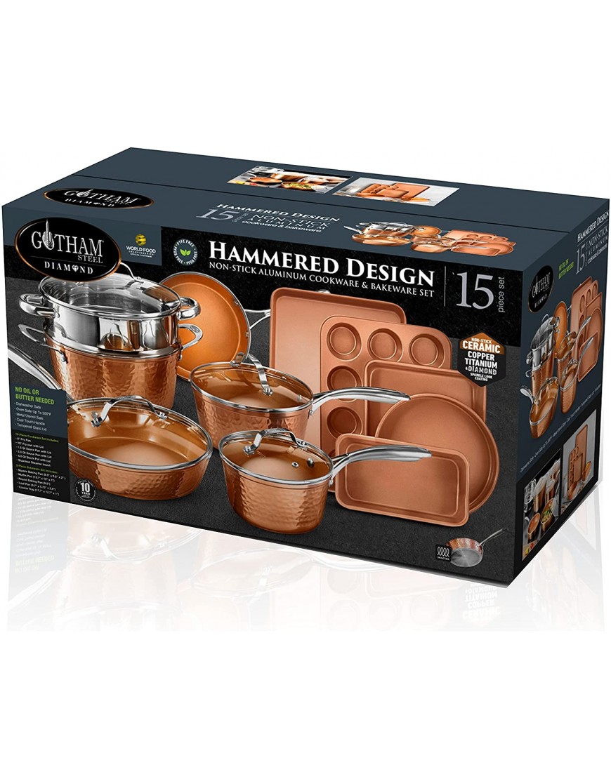 Gotham Steel Hammered Copper Collection – 15 Piece Premium Cookware & Bakeware Set with Nonstick Coating Aluminum Composition– Includes Fry Pans Stock Pots Bakeware Set & More Dishwasher Safe