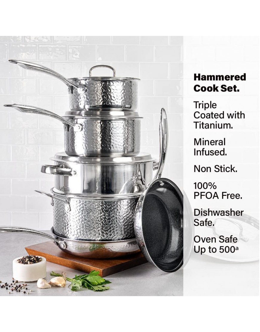 Granitestone Hammered Stainless Steel Pots and Pans Set Tri Ply Ultra-Premium Ceramic Cookware Set with Nonstick Coating Kitchen Set Nonstick Frying Pans Stock Pots & Skillets Hammered Finish