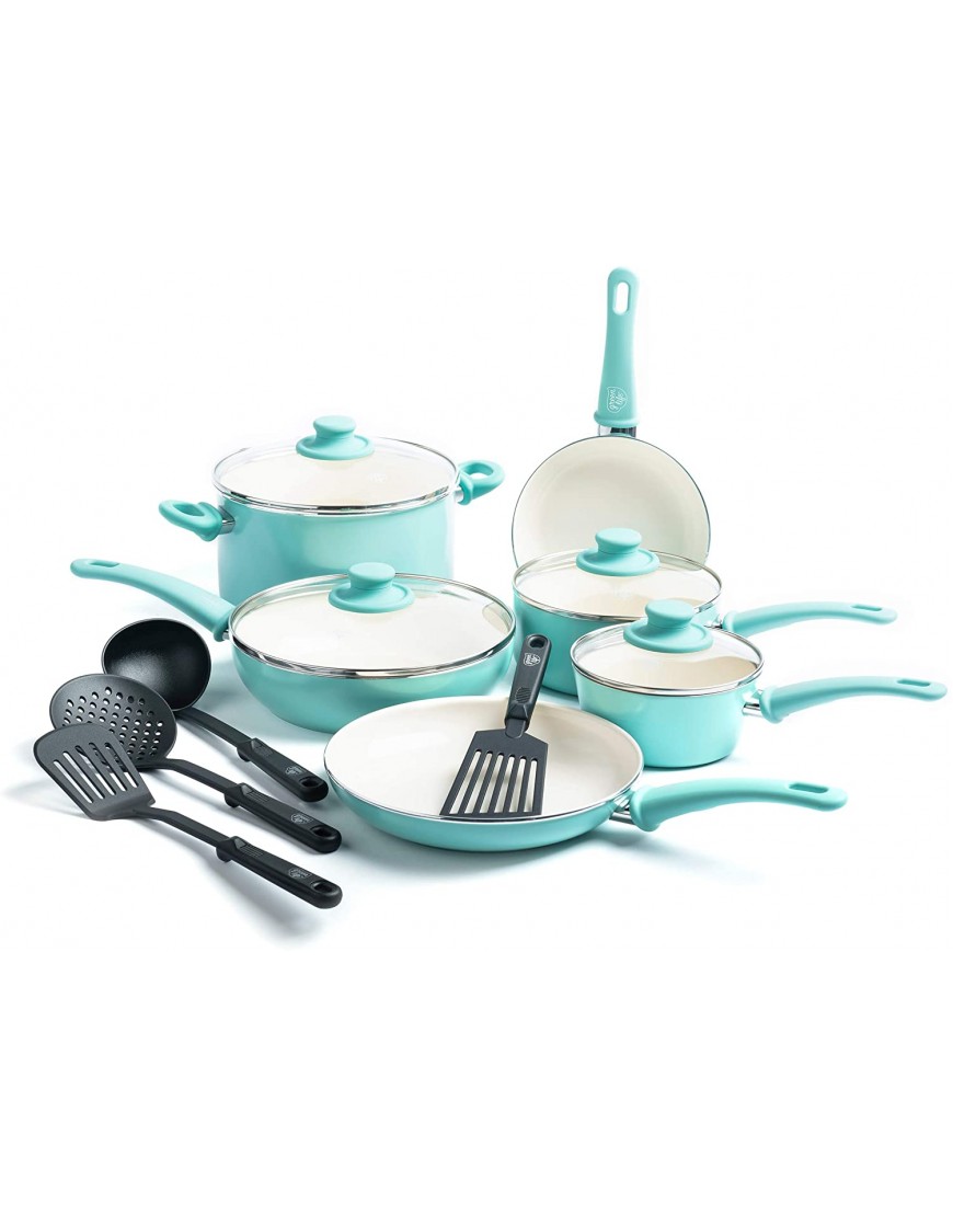 GreenLife Sof Grip Healthy Ceramic Nonstick 14 Piece Cookware Pots and Pans Set PFAS-Free Dishwasher Safe Turquoise