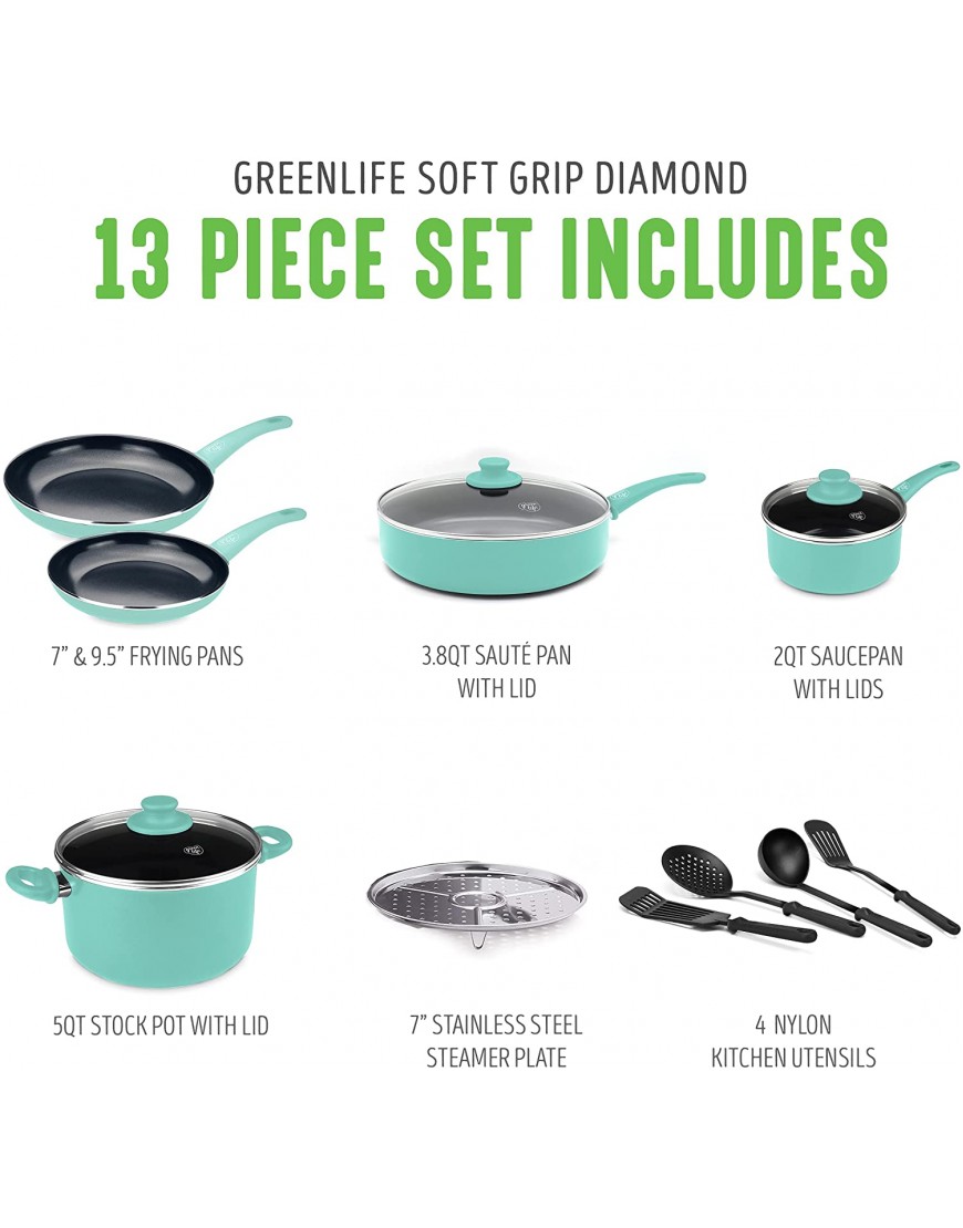 GreenLife Soft Grip Diamond Healthy Ceramic Nonstick 13 Piece Cookware Pots and Pans Set PFAS-Free Dishwasher Safe Turquoise Diamond Cookware