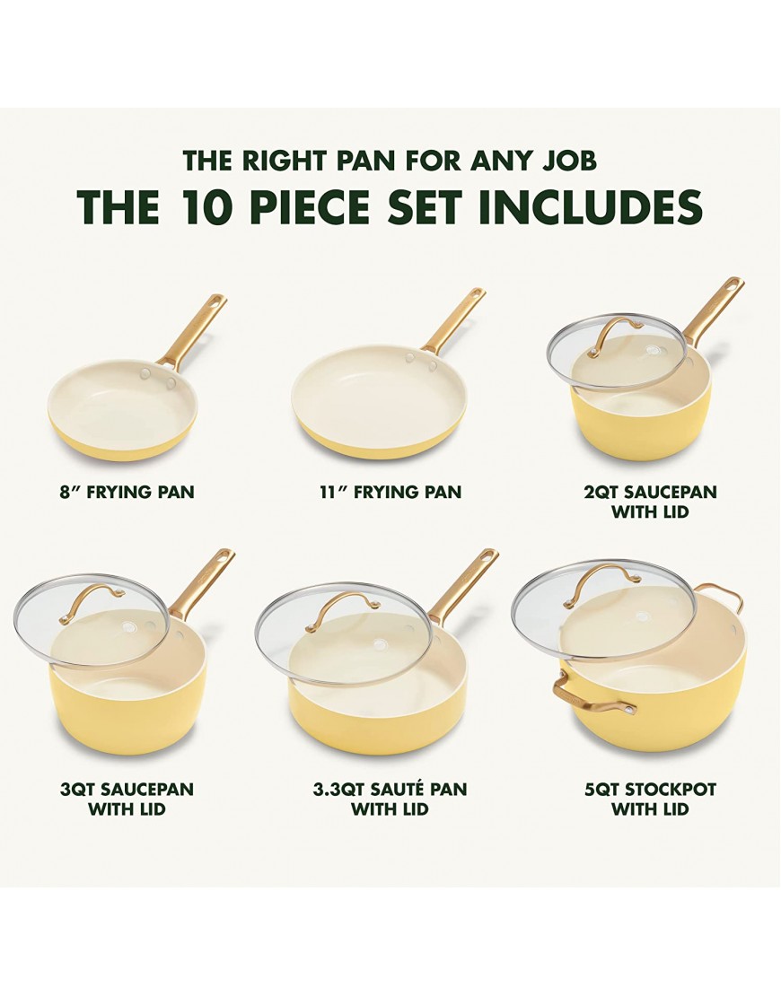 GreenPan Reserve Hard Anodized Healthy Ceramic Nonstick 10 Piece Cookware Pots and Pans Set Gold Handle PFAS-Free Dishwasher Safe Oven Safe Sunrise Yellow