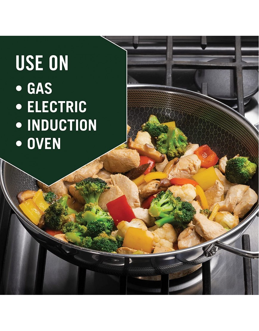 HexClad 12 Inch Hybrid Stainless Steel Wok Pan with Stay-Cool Handle PFOA Free Dishwasher and Oven Safe Non Stick Works with Induction Ceramic Electric and Gas Cooktops