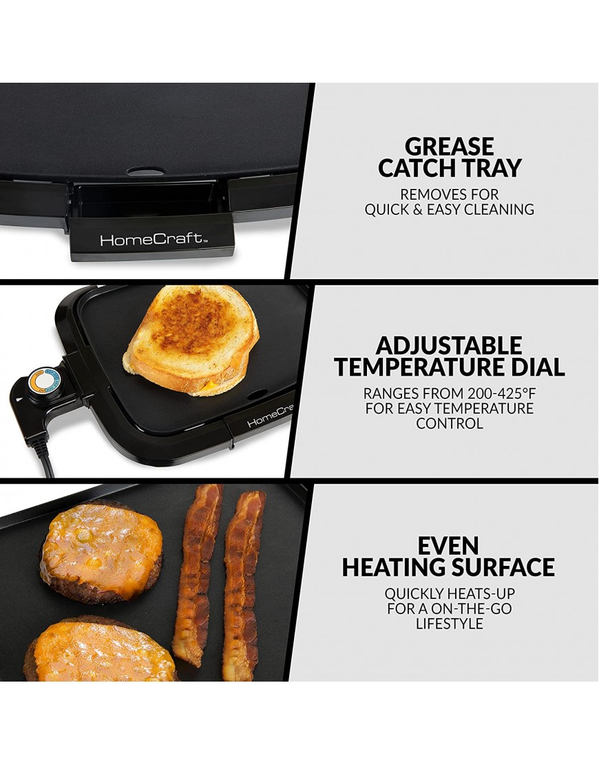 HomeCraft HCGDWD90BK Large 10.5x8.5 Nonstick Griddle With Warming Drawer Adjustable Temperature Control Cool-Touch Handles Perfect For Keto & Low-Carb Diets Chaffle Tacos Pancakes Bacon Sausage