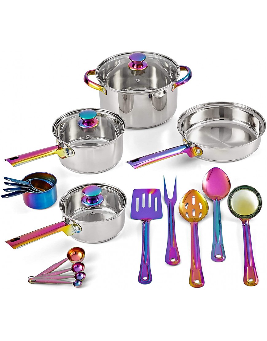 Iridescent Stainless Steel 20-Piece Cookware Set with Kitchen Utensils and Tools Ray Pots and Pans Set Cooking Utensils Set