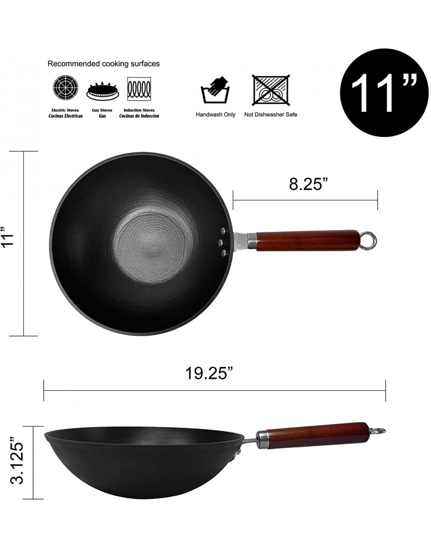 Light weight Cast Iron Wok Stir Fry Pan Wooden Handle 11 Inch chef’s pan pre-seasoned nonstick for Chinese Japanese and other cooking