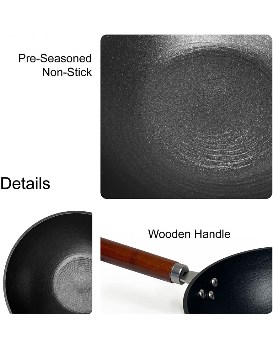 Light weight Cast Iron Wok Stir Fry Pan Wooden Handle 11 Inch chef’s pan pre-seasoned nonstick for Chinese Japanese and other cooking
