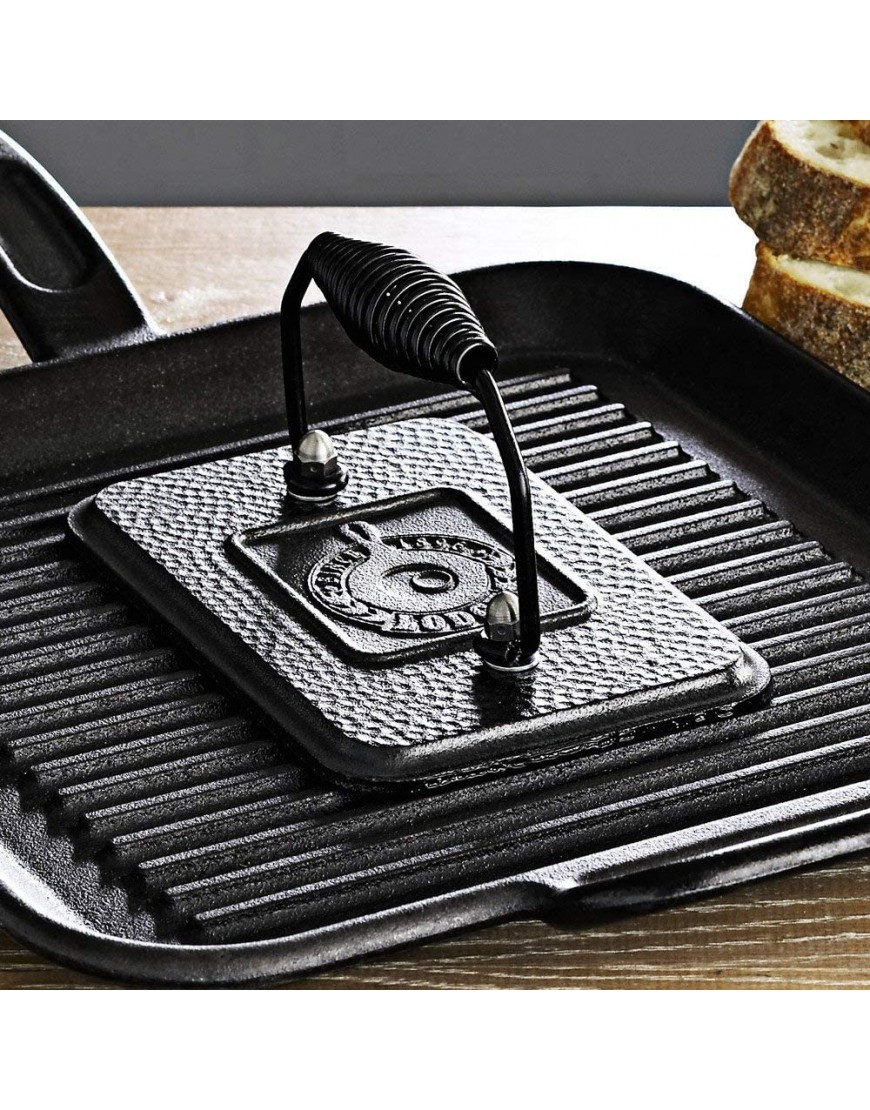 Lodge Pre-Seasoned Cast Iron Reversible Grill Griddle With Handles 20 Inch x 10.5 Inch & Pre-Seasoned Cast Iron Grill Press With Cool-grip Spiral Handle 4.5 inch X 6.75 inch Black