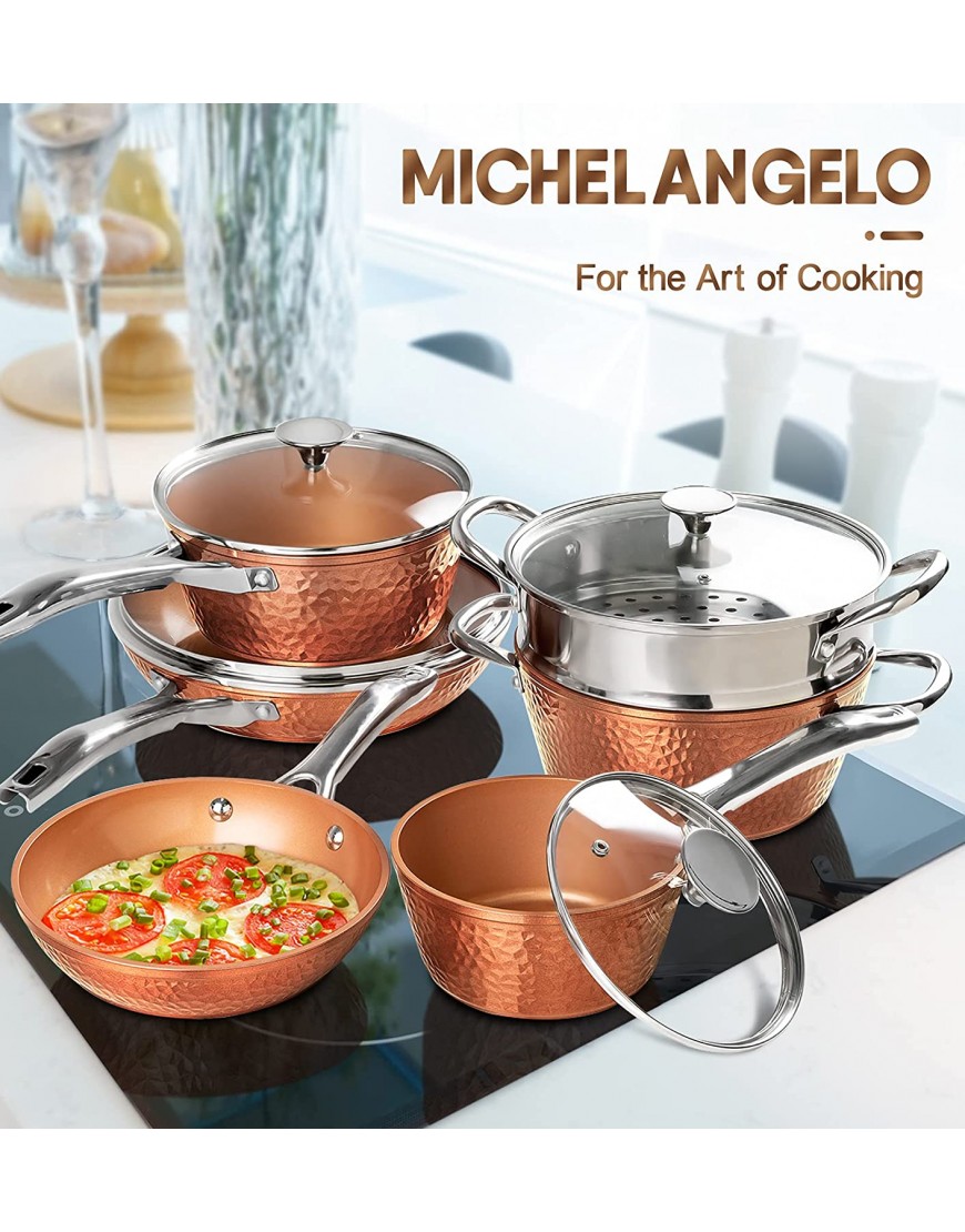 MICHELANGELO Copper Pots and Pans Set Nonstick Copper Cookware 12 Piece Hammered Pots and Pans Set Kitchen Cookware Sets with Fry Pans Stock Pans Lids Cooking Utensils Induction Compatible
