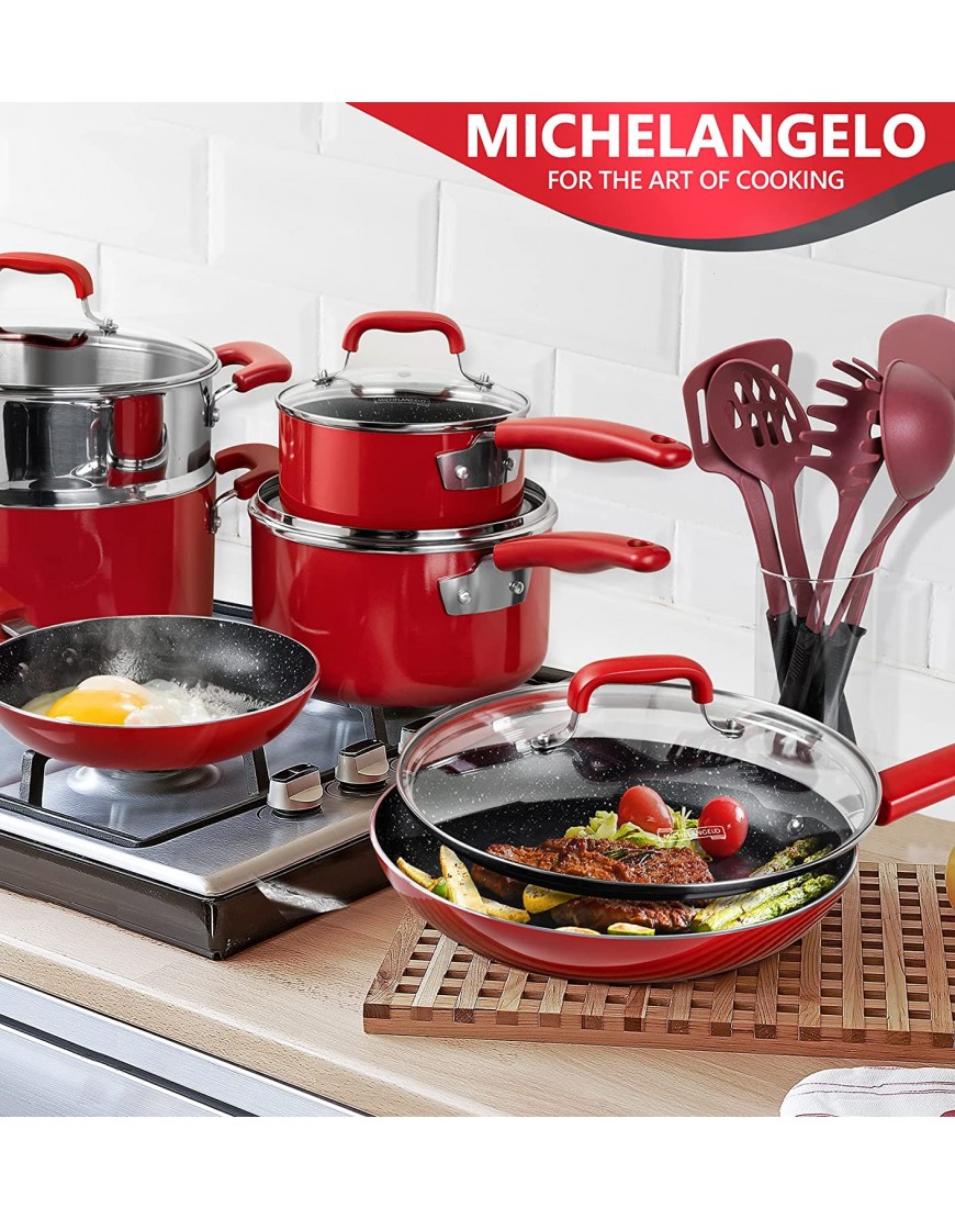 MICHELANGELO Pots and Pans Set Nonstick 15 Pcs Kitchen Cookware Sets with Porcelain Enamel Exterior and Nonstick Granite-derived Coating Enamel Cookware Set with 5 Utensils Red