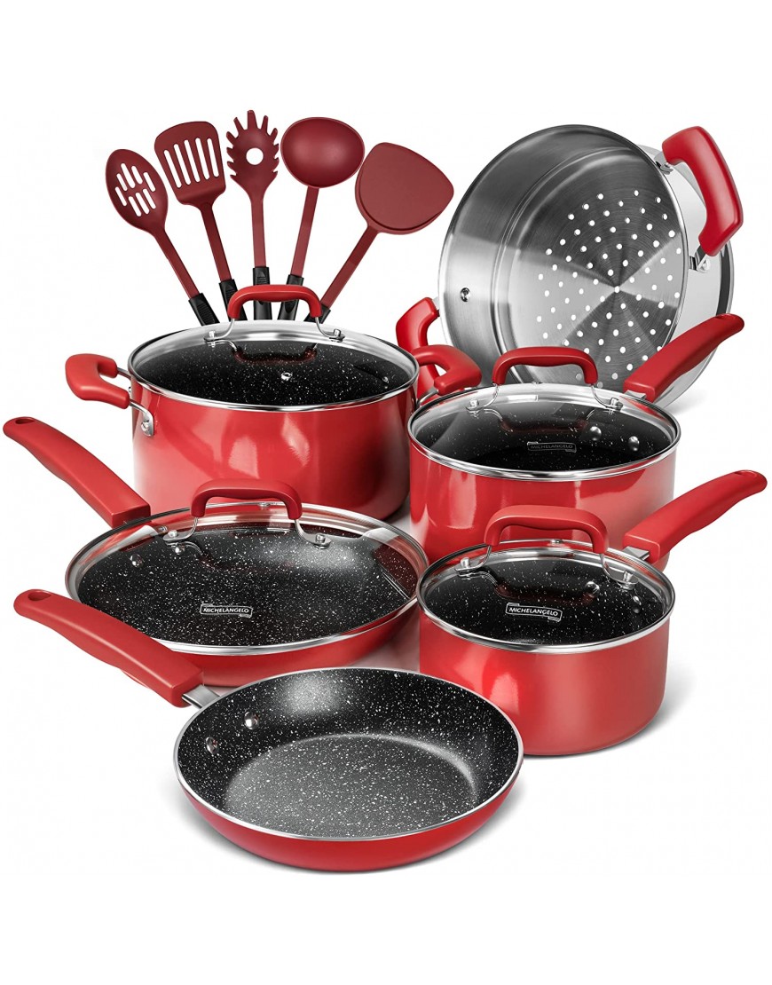 MICHELANGELO Pots and Pans Set Nonstick 15 Pcs Kitchen Cookware Sets with Porcelain Enamel Exterior and Nonstick Granite-derived Coating Enamel Cookware Set with 5 Utensils Red