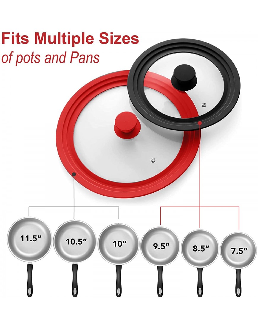 Multi Sized Pempered Pan Lids with Heat Resistant Silicone Rim Pans Fits 9.5 10 and 11”Diameter Smaller Pan Lid For 7.5 8 and 9 Diameter Lid Setblack；red