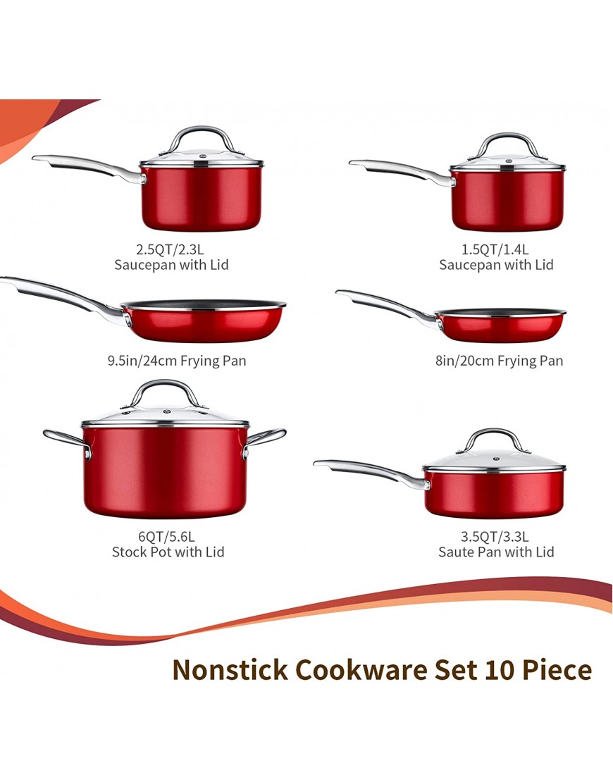 Nonstick Cookware Set 10 Piece Induction Pots and Pans Set Kitchen Cooking Pots with Vented Glass Lids Dishwasher Oven Safe Red