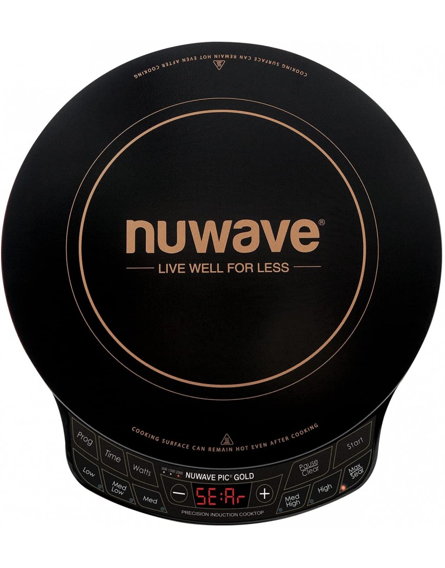 NUWAVE Gold Precision Induction Cooktop Portable Powerful with Large 8” Heating Coil 52 Temperature Settings from 100°F to 575°F in 10°F Increments 3 Wattage Settings 600 900 and 1500 Watts 12” Heat-Resistant Cooking Surface Safe for Jumbo Stock Pot up to