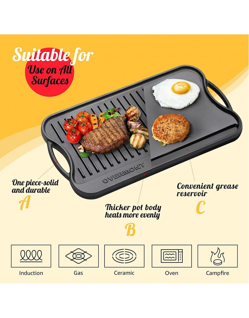 Overmont Pre-seasoned 17x9.8 Cast Iron Reversible Griddle Grill Pan with handles for Gas Stovetop Open Fire Oven One tray Scrapers Included