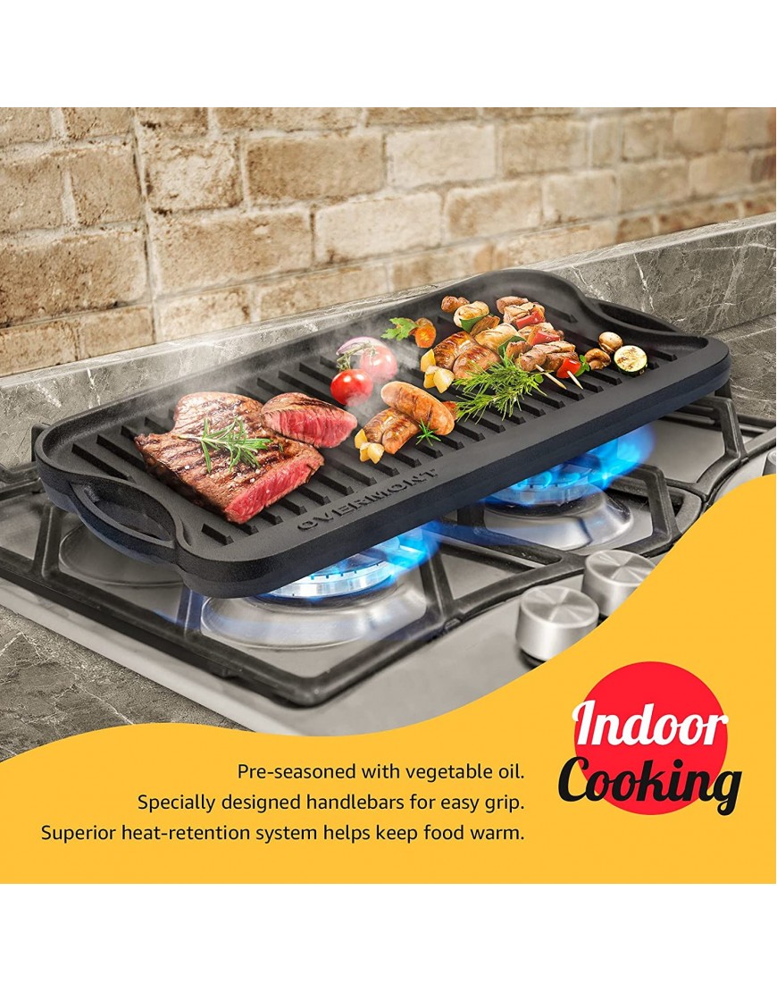 Overmont Pre-seasoned 17x9.8 Cast Iron Reversible Griddle Grill Pan with handles for Gas Stovetop Open Fire Oven One tray Scrapers Included