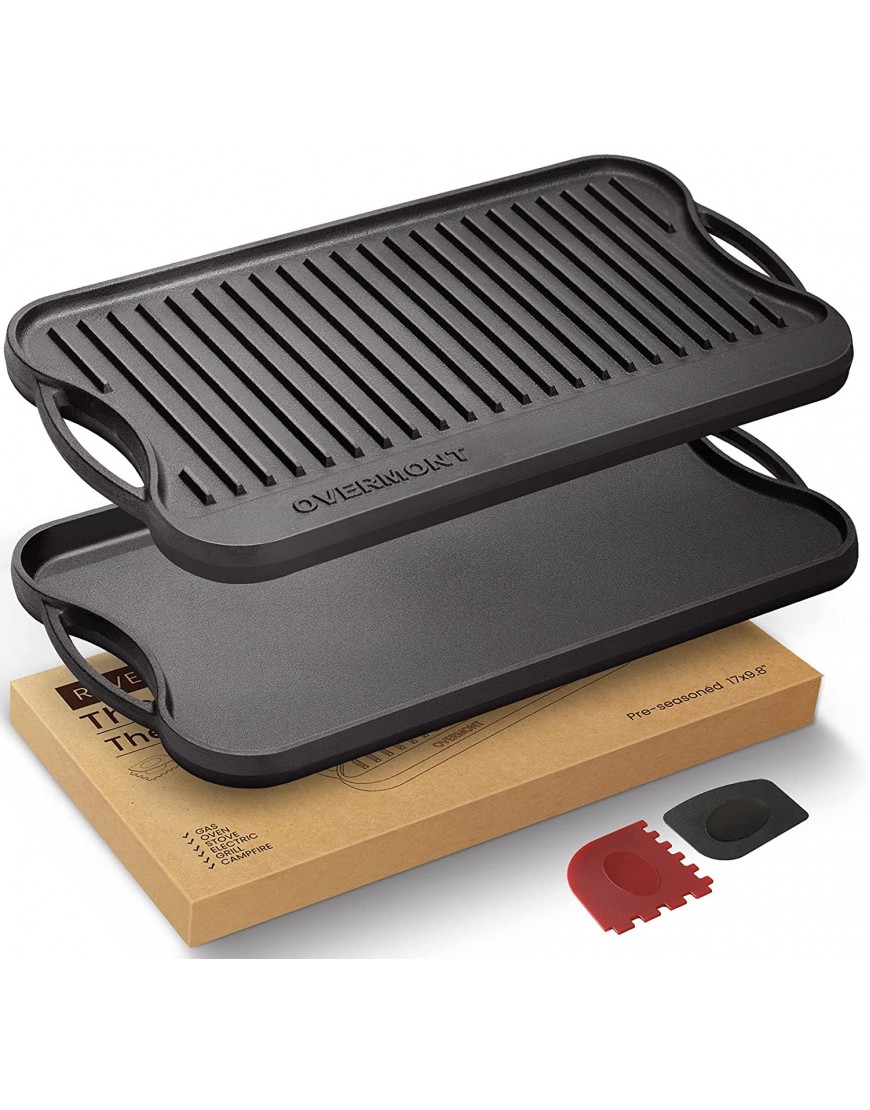 Overmont Pre-seasoned 17x9.8" Cast Iron Reversible Griddle Grill Pan with handles for Gas Stovetop Open Fire Oven One tray Scrapers Included